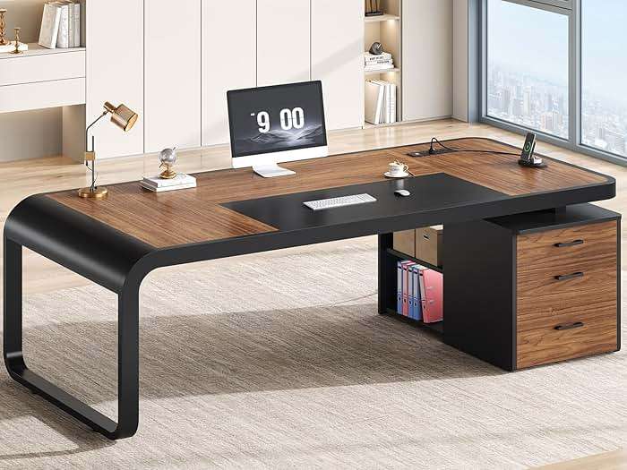 Itaar 70.9" Executive Desk, Large Computer Desk with Drawers and Lateral File Cabinet, Office Desk with Removable Shelves, Business Furniture Desk Workstation for Home Office, Brown - Image 1
