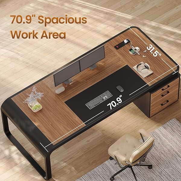 Itaar 70.9" Executive Desk, Large Computer Desk with Drawers and Lateral File Cabinet, Office Desk with Removable Shelves, Business Furniture Desk Workstation for Home Office, Brown - Image 3