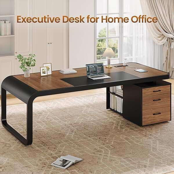 Itaar 70.9" Executive Desk, Large Computer Desk with Drawers and Lateral File Cabinet, Office Desk with Removable Shelves, Business Furniture Desk Workstation for Home Office, Brown - Image 4