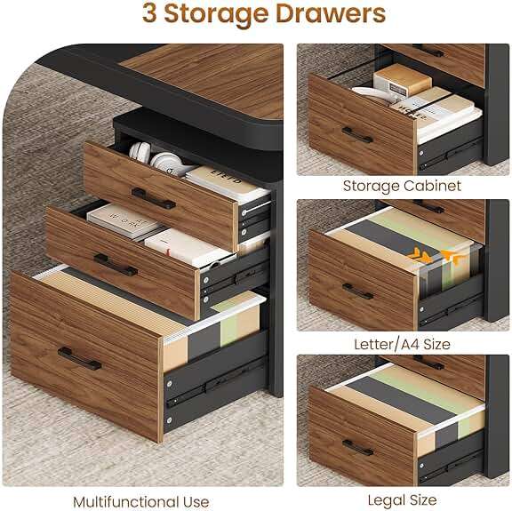 Itaar 70.9" Executive Desk, Large Computer Desk with Drawers and Lateral File Cabinet, Office Desk with Removable Shelves, Business Furniture Desk Workstation for Home Office, Brown - Image 5