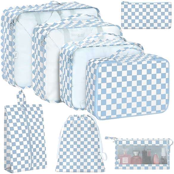 8 Set Packing Cubes for Travel, Luggage Packing Organizers Accessories Large Toiletries Bag for Clothes Shoes Cosmetics (Blue Checkered) - Image 1