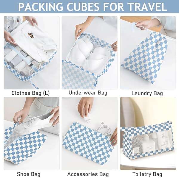 8 Set Packing Cubes for Travel, Luggage Packing Organizers Accessories Large Toiletries Bag for Clothes Shoes Cosmetics (Blue Checkered) - Image 5