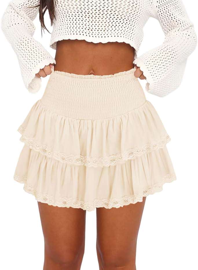 Pungdra Womens Ruffle Lace Mini Skirt Athletic Golf Tennis Skort Boho Tiered High Waist Flowy Skirts - Image 1