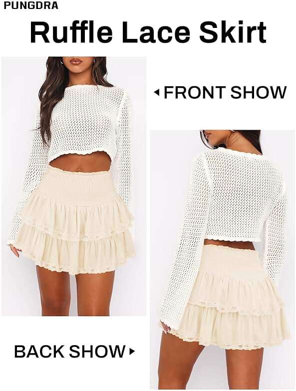 Pungdra Womens Ruffle Lace Mini Skirt Athletic Golf Tennis Skort Boho Tiered High Waist Flowy Skirts - Image 3