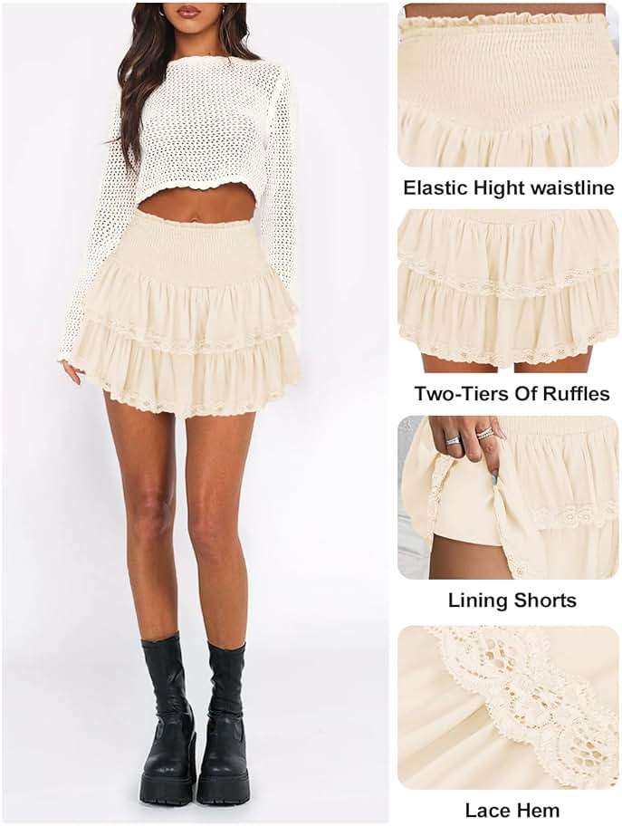 Pungdra Womens Ruffle Lace Mini Skirt Athletic Golf Tennis Skort Boho Tiered High Waist Flowy Skirts - Image 4
