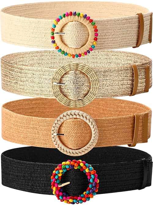 WILLBOND 4 Pcs Straw Woven Belt Elastic Stretch Rattan Buckle Waist Belt Women Skinny Raffia Dress Waist Band - Image 1