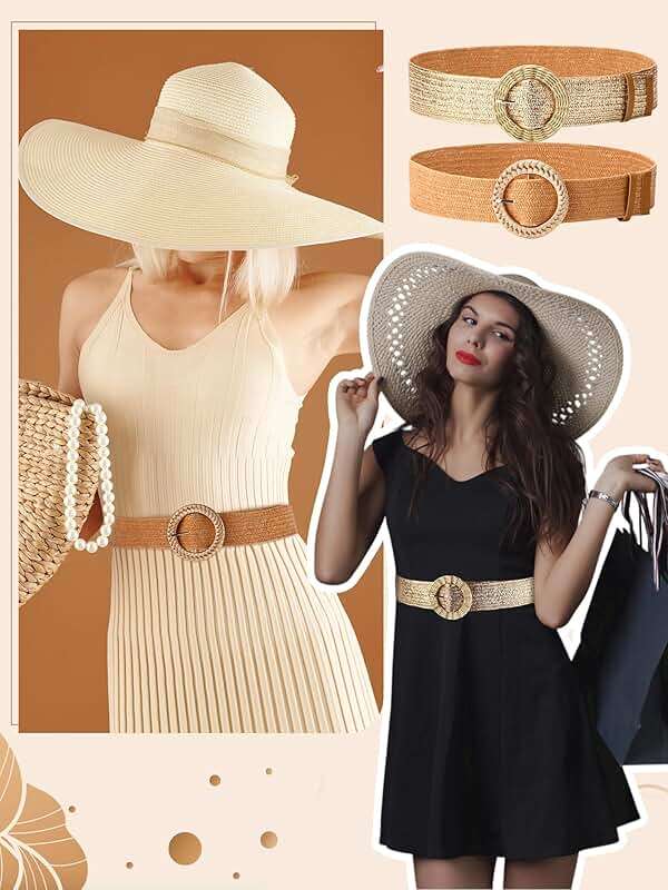 WILLBOND 4 Pcs Straw Woven Belt Elastic Stretch Rattan Buckle Waist Belt Women Skinny Raffia Dress Waist Band - Image 3