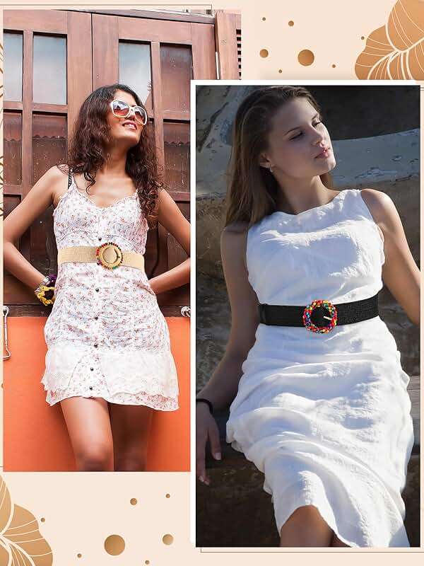WILLBOND 4 Pcs Straw Woven Belt Elastic Stretch Rattan Buckle Waist Belt Women Skinny Raffia Dress Waist Band - Image 4