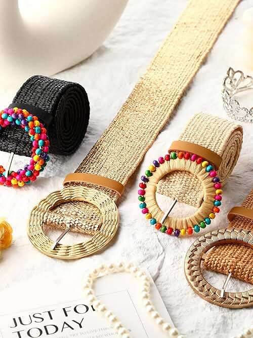 WILLBOND 4 Pcs Straw Woven Belt Elastic Stretch Rattan Buckle Waist Belt Women Skinny Raffia Dress Waist Band - Image 5