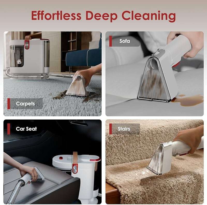 WURESE Portable Upholstery and Carpet Cleaner Machine, 15Kpa Spot Cleaner Deep Cleans Pet Stains, Couch Cleaner with 3 Tools and Self-Cleaning System for Area Rugs, Furniture, Stair, Car, Rose - Image 4