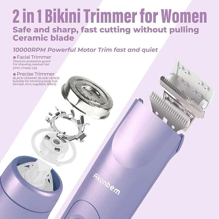 Akunbem Bikini Trimmer for Women - 2 in 1 Electric Razors for Women - Dual Head Electric Shaver - IPX7 Waterproof Wet & Dry Use Body Hair Trimmer and Facial Hair Remover for Bikini Underarm Leg Arm - Image 3