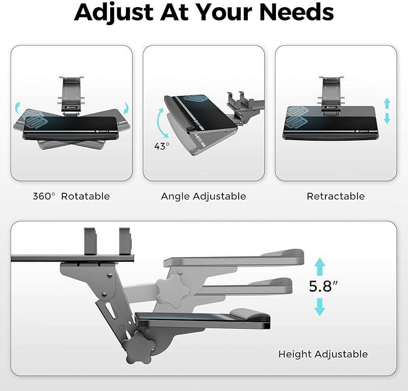 EUREKA ERGONOMIC Keyboard Tray Height Adjustable, Swivel Tilt Computer Keyboard Drawer Under Desk, 25x9.13'' Sliding Keyboard & Mouse Platform with Mouse Pad for Typing, Black - Image 5