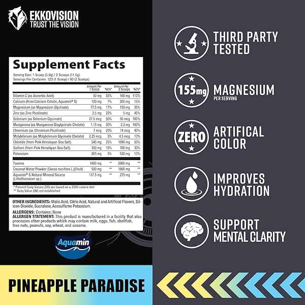 Ekkovision Ekkolyte Electrolytes and Minerals Powder, 50 MG Vitamin C & 155 MG Magnesium for Hydration Support, Essential Electrolytes for Women and Men, Pineapple Paradise Flavor, 120 Servings - Image 3