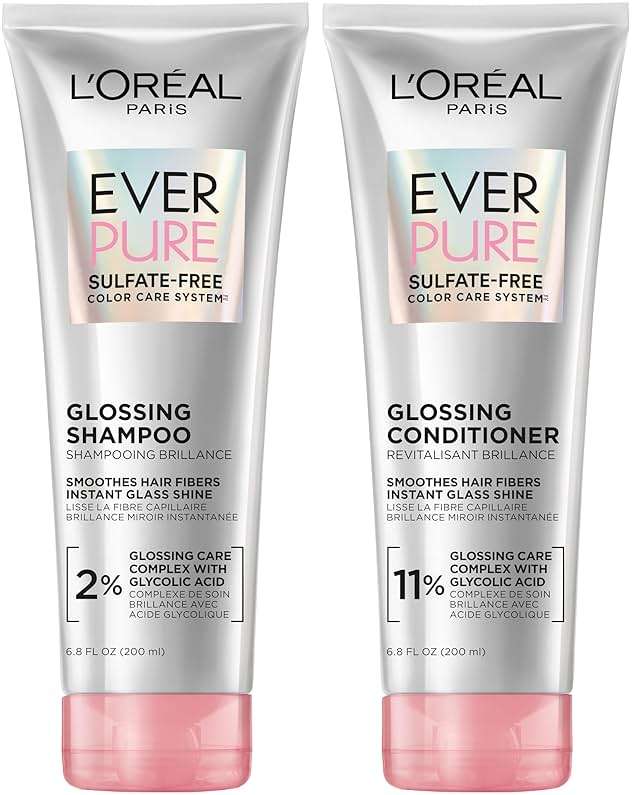 L’Oreal Paris Sulfate Free Glossing Shampoo and Conditioner Set with Glycolic Acid, Provides Intense Glass Shine & Smoothness, Suitable for Dull, Dry, and Color-Treated Hair, EverPure, 13.6 Fl Oz Set - Image 1