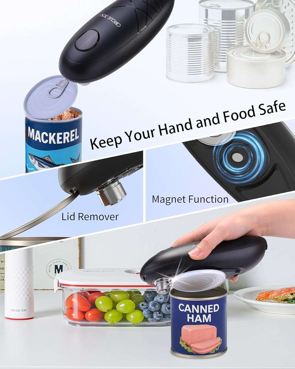 CIRCLE JOY Electric Can Opener, One-Touch Automatic Can Opening with Smooth Edges, Food Safety Handheld Battery-Operated Can Opener for Kitchen and Seniors, Black - Image 4