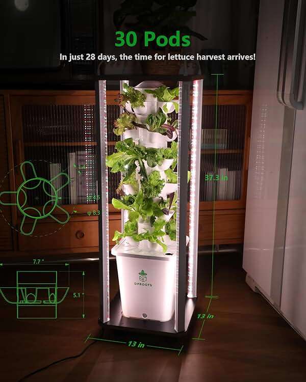 DPROOTS Hydroponic Tower Growing System, 30 Pods Vertical Indoor Garden | 360° Full-Spectrum Lights, Automatic Water Circulation System, Suitable for Leafy Greens and Herbs - Image 3