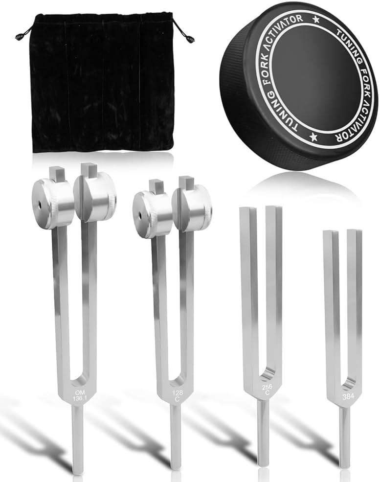 TIKSCIENCE Resonance Tuning Forks for Healing Set Inlcuding c128Hz om136.1Hz c256Hz 384Hz Hockey Puck Activator, Chakra Sound Therapy Instruments Tuning Fork Set - Image 1