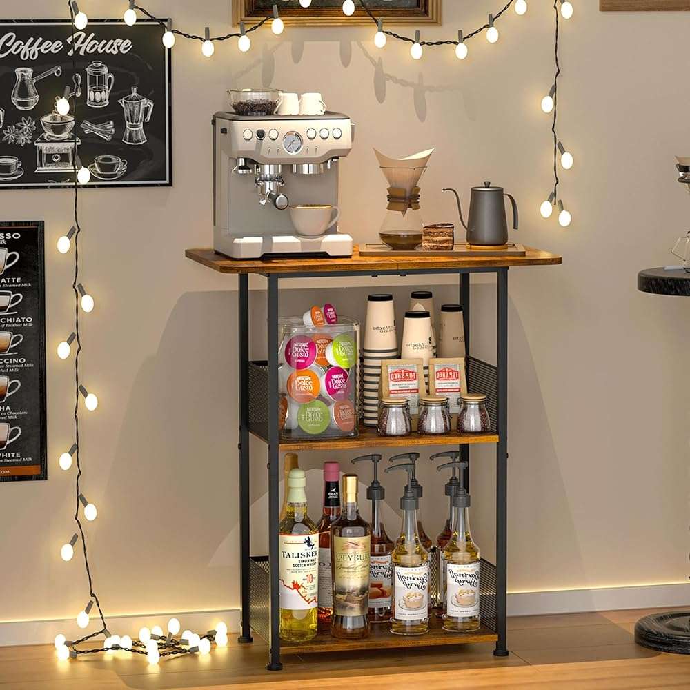 Jsskeeim Mini Floor Standing Coffee Bar Shelf,3-Tier Small Coffee Table,Corner Farmhouse Coffee Bar Cabinet;Dining Room, Living Room-Capsules,Coffee Maker(Brown+Black) - Image 1