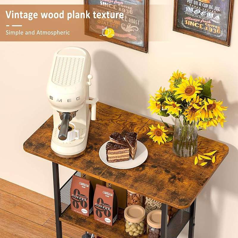 Jsskeeim Mini Floor Standing Coffee Bar Shelf,3-Tier Small Coffee Table,Corner Farmhouse Coffee Bar Cabinet;Dining Room, Living Room-Capsules,Coffee Maker(Brown+Black) - Image 3