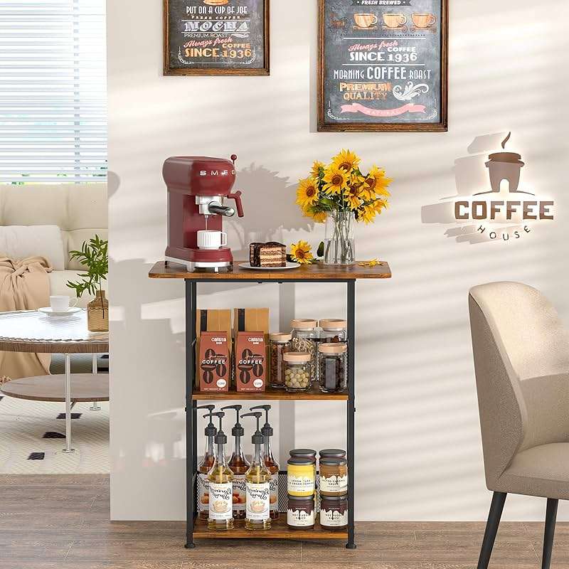 Jsskeeim Mini Floor Standing Coffee Bar Shelf,3-Tier Small Coffee Table,Corner Farmhouse Coffee Bar Cabinet;Dining Room, Living Room-Capsules,Coffee Maker(Brown+Black) - Image 4