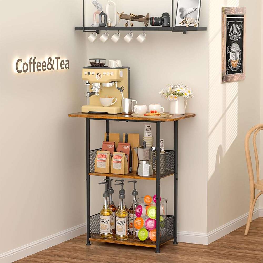 Jsskeeim Mini Floor Standing Coffee Bar Shelf,3-Tier Small Coffee Table,Corner Farmhouse Coffee Bar Cabinet;Dining Room, Living Room-Capsules,Coffee Maker(Brown+Black) - Image 5