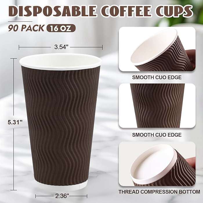 Clawsoff 90 Pack 16 oz Coffee Cups Disposable,Insulated Paper Coffee Cups,Corrugated Ripple Wall Design Paper Cup,Hot Cold Drinking Cup for Party, Picnic, Travel, Business, Home - Image 3