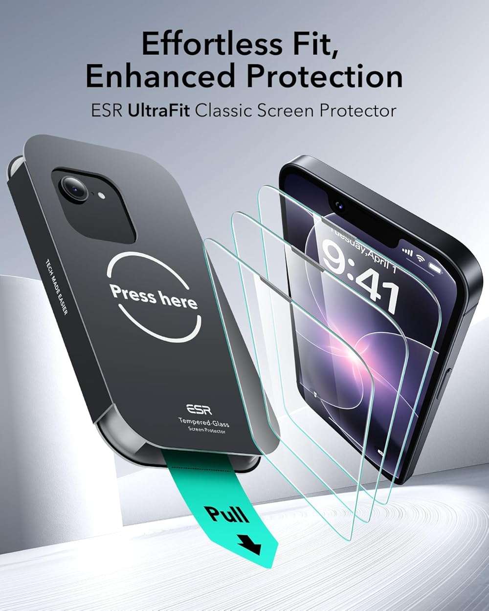 ESR 3 Pack for iPhone 17e/iPhone 16e/iPhone 14/iPhone 13/13 Pro Screen Protector, Military Grade Shatterproof, 9H Hardness, Full Coverage Tempered Glass with UltraFit Tray - Image 2