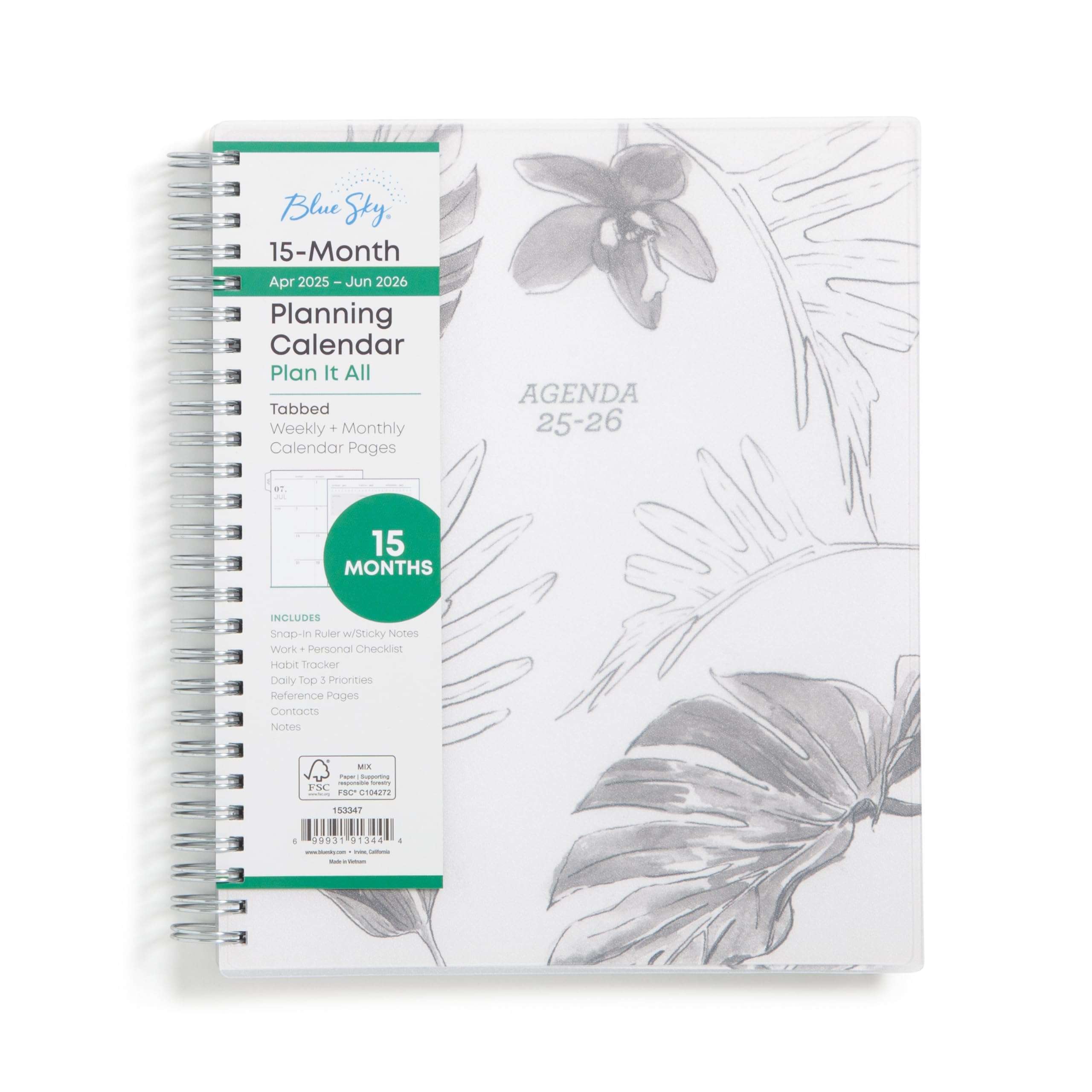 Blue Sky 15 Month 2025-2026 Weekly and Monthly Academic Year Planner Calendar, April 2025 - June 2026, 7" x 9", Flexible Cover, Wirebound, Laminated Tabs, Includes Ruler & Sticky Notes, Tropical - Image 1