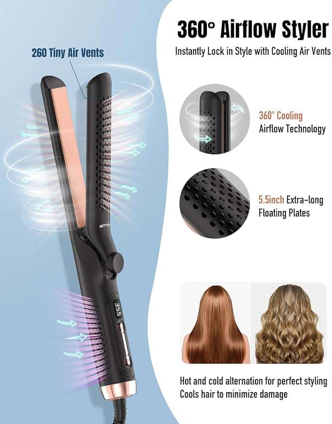 360° Airflow Styler Curling Iron - 1.25 Inch Hair Straightener and Curler 2 in 1 with Vented Cool Air to Lock in Style, Extra Long Flat Iron Curling Wand, 5 Temps & Dual Voltage for Travel - Image 2