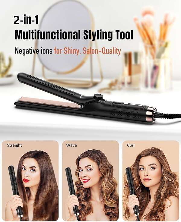 360° Airflow Styler Curling Iron - 1.25 Inch Hair Straightener and Curler 2 in 1 with Vented Cool Air to Lock in Style, Extra Long Flat Iron Curling Wand, 5 Temps & Dual Voltage for Travel - Image 3