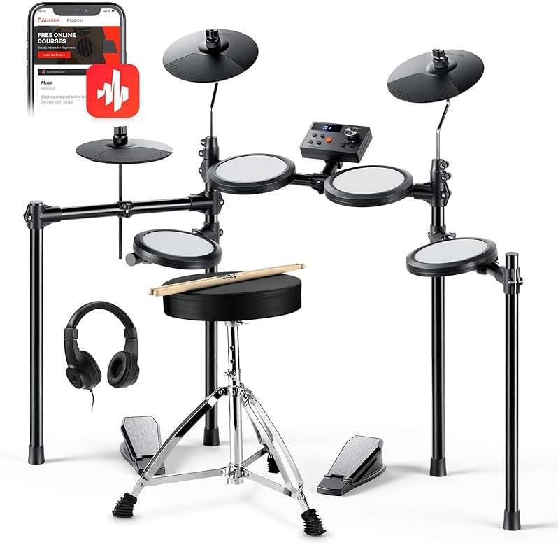 Donner Electric Drum Set, DED-70 Electronic Drum Kit for Beginner with 150 Sounds, 4 Quiet Mesh Pads, 9" Cymbals, USB MIDI, Type-C Charging, 2 Pedal, Throne, Headphones, Sticks, Melodics Lessons - Image 1