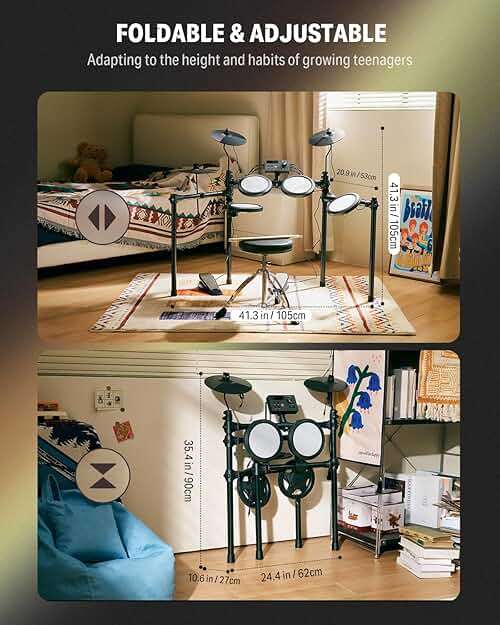 Donner Electric Drum Set, DED-70 Electronic Drum Kit for Beginner with 150 Sounds, 4 Quiet Mesh Pads, 9" Cymbals, USB MIDI, Type-C Charging, 2 Pedal, Throne, Headphones, Sticks, Melodics Lessons - Image 7