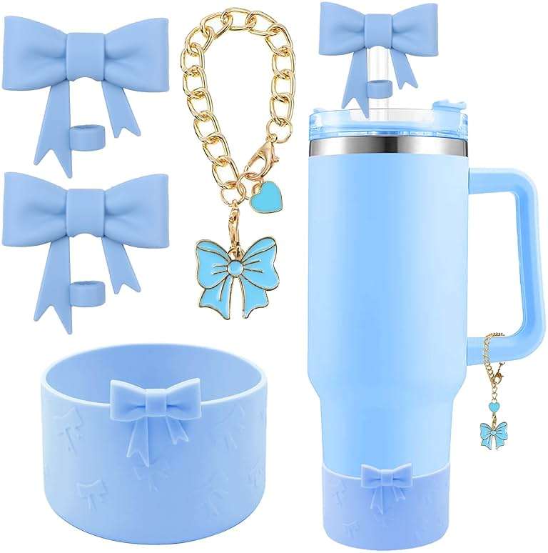 Hpebl Cup Accessories Set for Stanley,Including 2Pcs Cute Bow Straw Cover Caps 10mm Reusable Straw Toppers,1Pcs Silicone Boot Sleeve and 1Pcs Handle Charm for Stanley Tumbler 30&40oz,Blue - Image 1