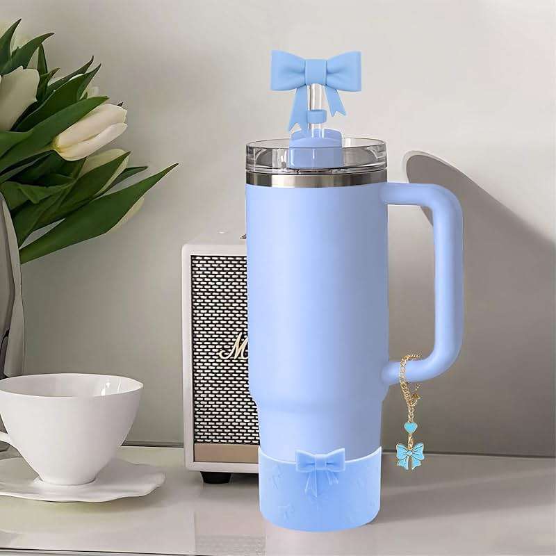 Hpebl Cup Accessories Set for Stanley,Including 2Pcs Cute Bow Straw Cover Caps 10mm Reusable Straw Toppers,1Pcs Silicone Boot Sleeve and 1Pcs Handle Charm for Stanley Tumbler 30&40oz,Blue - Image 2
