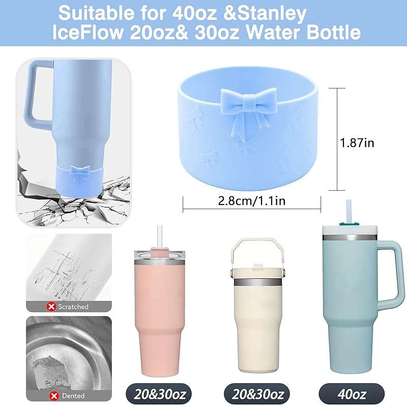 Hpebl Cup Accessories Set for Stanley,Including 2Pcs Cute Bow Straw Cover Caps 10mm Reusable Straw Toppers,1Pcs Silicone Boot Sleeve and 1Pcs Handle Charm for Stanley Tumbler 30&40oz,Blue - Image 3