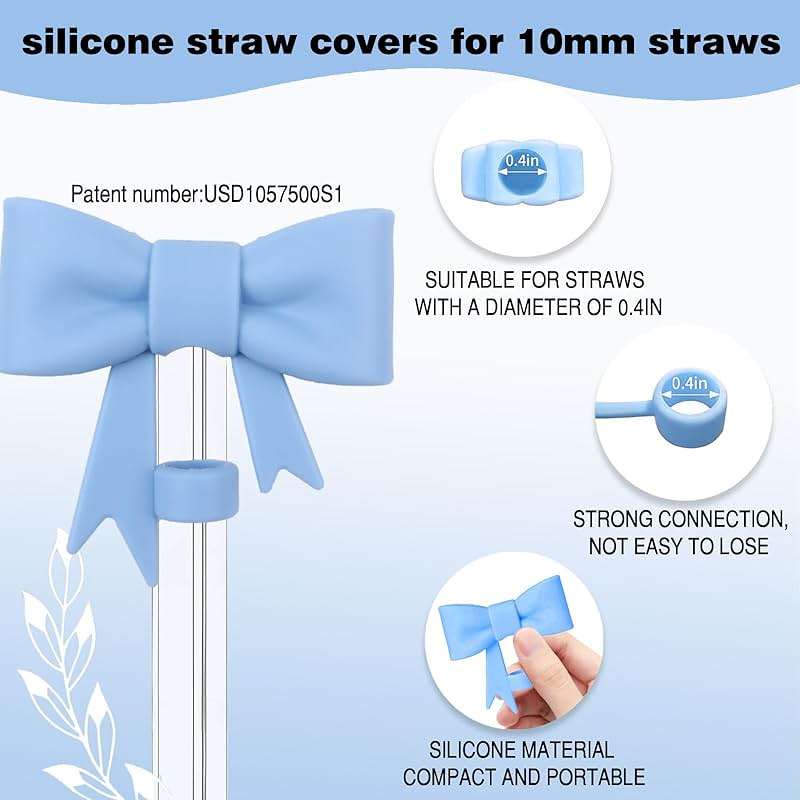 Hpebl Cup Accessories Set for Stanley,Including 2Pcs Cute Bow Straw Cover Caps 10mm Reusable Straw Toppers,1Pcs Silicone Boot Sleeve and 1Pcs Handle Charm for Stanley Tumbler 30&40oz,Blue - Image 4
