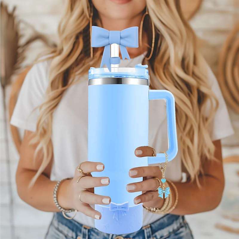 Hpebl Cup Accessories Set for Stanley,Including 2Pcs Cute Bow Straw Cover Caps 10mm Reusable Straw Toppers,1Pcs Silicone Boot Sleeve and 1Pcs Handle Charm for Stanley Tumbler 30&40oz,Blue - Image 6