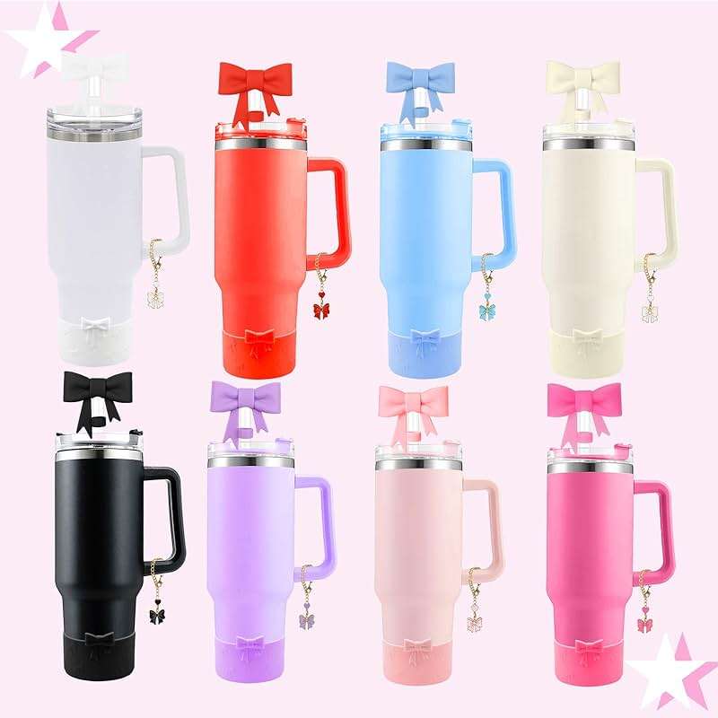 Hpebl Cup Accessories Set for Stanley,Including 2Pcs Cute Bow Straw Cover Caps 10mm Reusable Straw Toppers,1Pcs Silicone Boot Sleeve and 1Pcs Handle Charm for Stanley Tumbler 30&40oz,Blue - Image 7