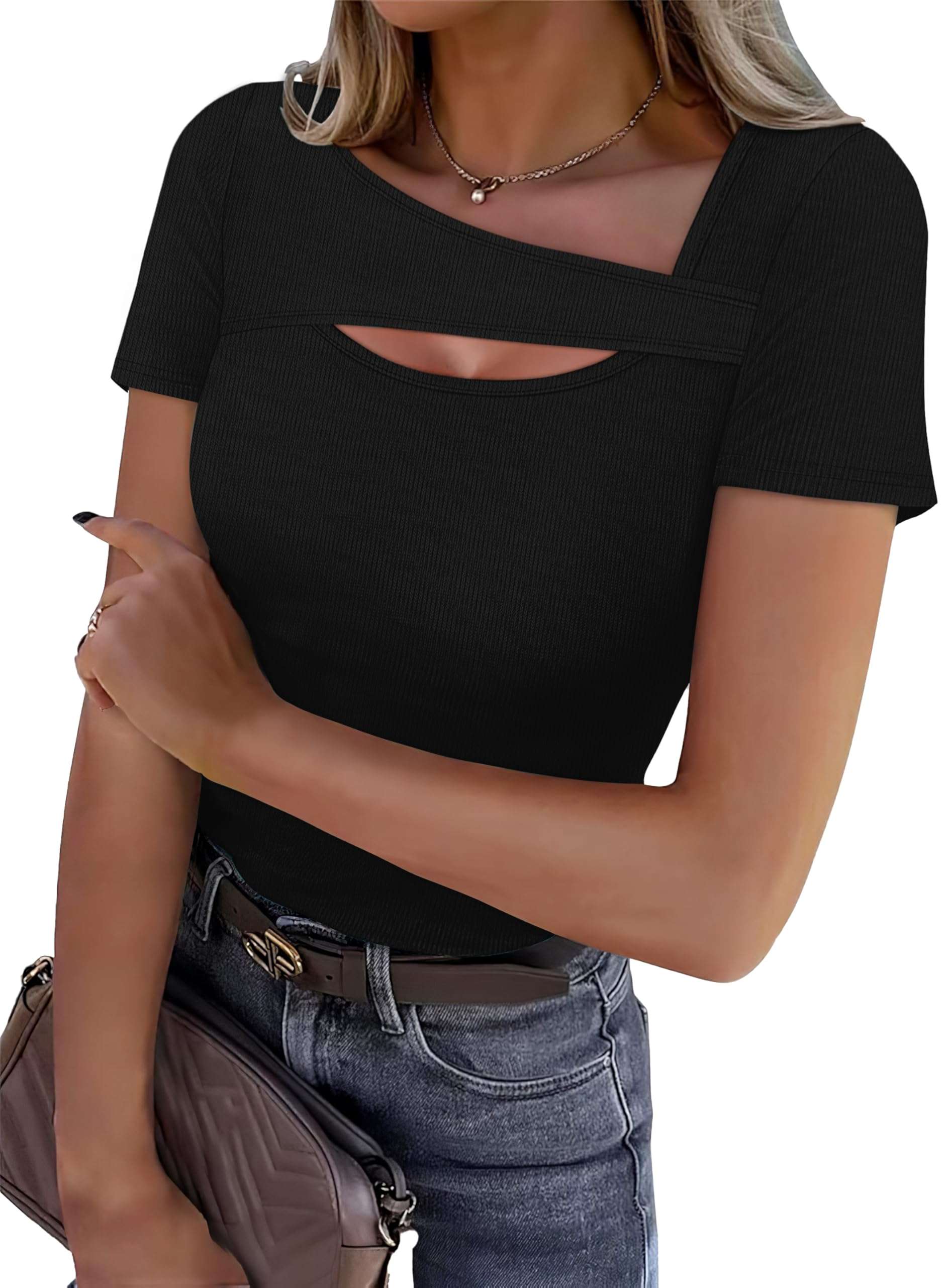 XIEERDUO Womens Summer Tops Short Sleeve Shirts for Women Sexy Tops Y2K Shirts One Piece Cutout Tops - Image 1