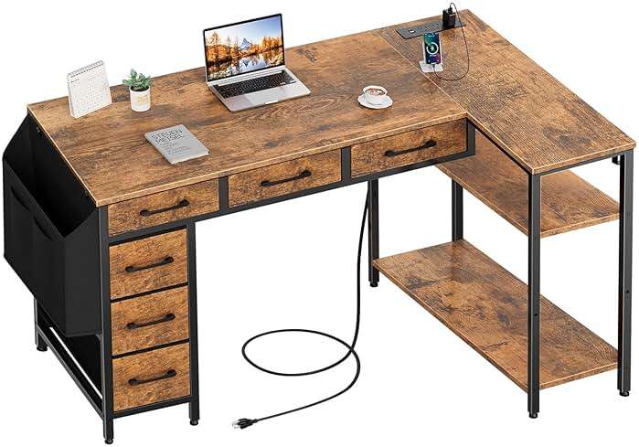 Lufeiya L Shaped Computer Desk with Drawers - 48 Inch Office Desk with Shelves Storage, Reversible Corner PC Desks with Power Outlet for Home Office, Bed Room, Writing Workstation, Brown - Image 1