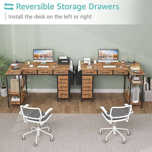 Lufeiya L Shaped Computer Desk with Drawers - 48 Inch Office Desk with Shelves Storage, Reversible Corner PC Desks with Power Outlet for Home Office, Bed Room, Writing Workstation, Brown - Image 4