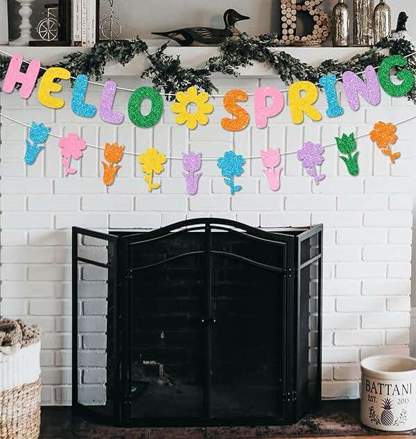 JKQ Colorful Glittery Hello Spring Banner Banner Spring Hanging Swirls Decorations Spring Honeycomb Centerpieces Decorations Spring Easter Tulip Flowers Party Banner for Ceiling Table Hanging Decors - Image 2