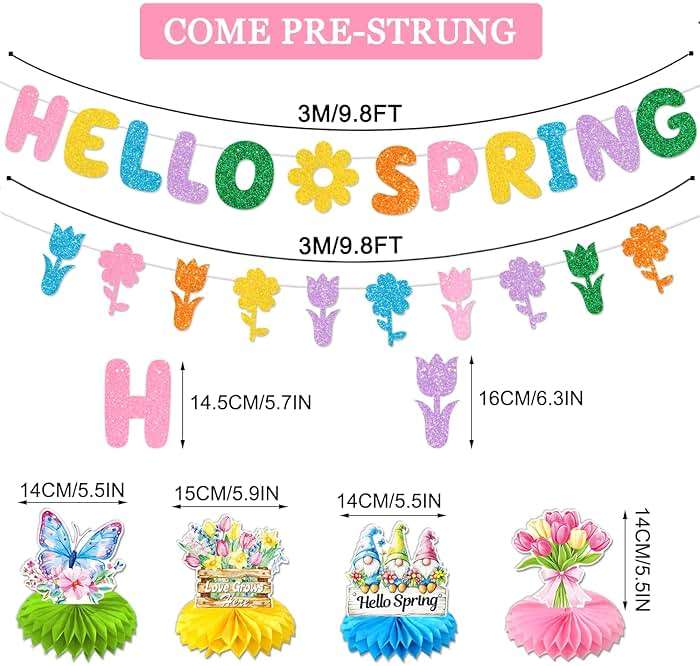 JKQ Colorful Glittery Hello Spring Banner Banner Spring Hanging Swirls Decorations Spring Honeycomb Centerpieces Decorations Spring Easter Tulip Flowers Party Banner for Ceiling Table Hanging Decors - Image 3
