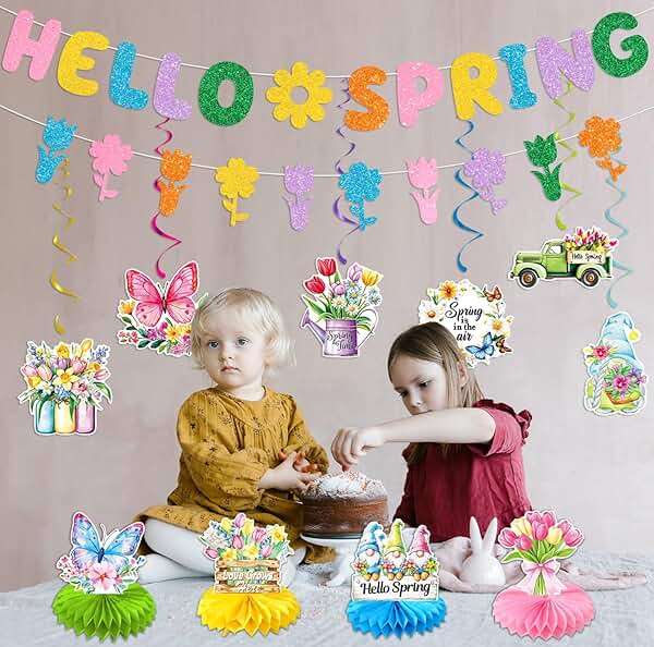 JKQ Colorful Glittery Hello Spring Banner Banner Spring Hanging Swirls Decorations Spring Honeycomb Centerpieces Decorations Spring Easter Tulip Flowers Party Banner for Ceiling Table Hanging Decors - Image 5