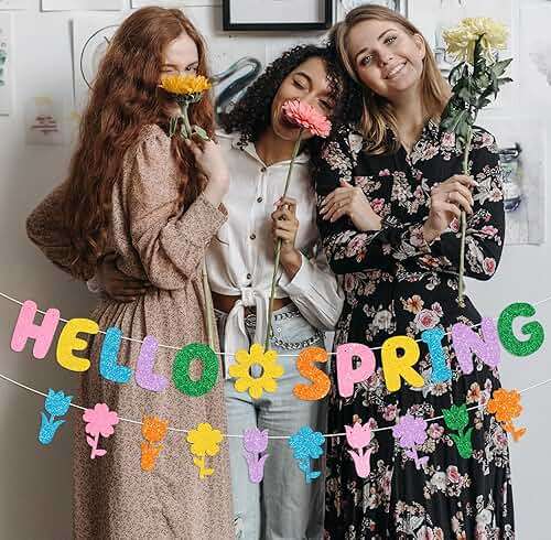JKQ Colorful Glittery Hello Spring Banner Banner Spring Hanging Swirls Decorations Spring Honeycomb Centerpieces Decorations Spring Easter Tulip Flowers Party Banner for Ceiling Table Hanging Decors - Image 7