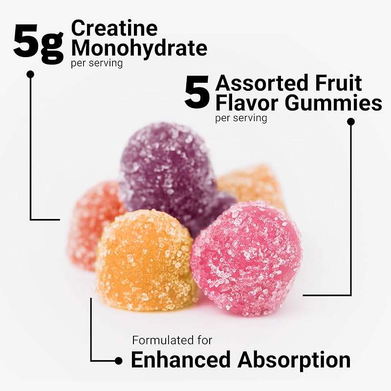 Force Factor Creatine Monohydrate Gummies, NSF Certified, 5g Dose for Men & Women to Support Muscle, Strength, Recovery, Cognitive Health & Memory, Assorted Fruit Flavors, 150 Gummies - Image 3