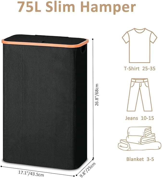 Vincona Slim Laundry Basket with Lid, Narrow Dirty Clothes Hampers for Laundry with Handle, Skinny Laundry Bin for Laundry Room, Dorm, Bedroom and Bathroom, 19.8 Gallon (75L) Black - Image 3