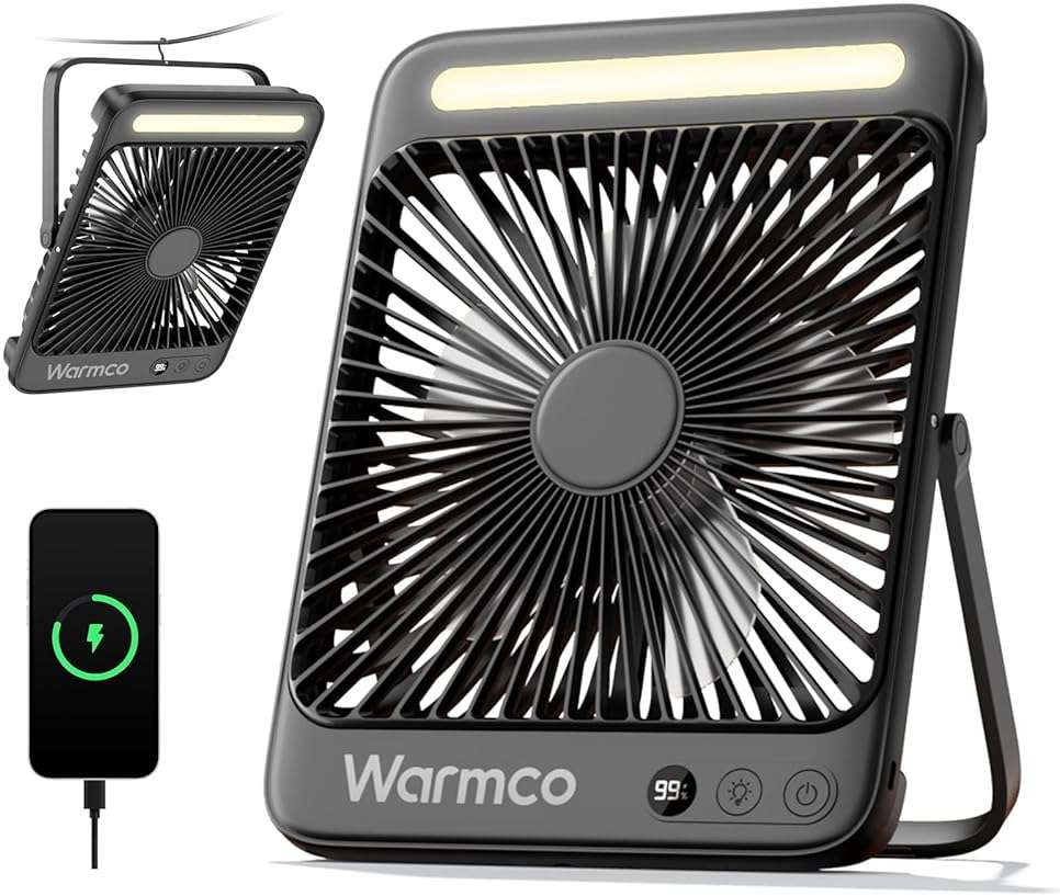 Warmco 20000mAh Battery Powered Fan, Ultra-Slim 8-Inch Portable Camping Fan with LED Lantern, Up to 48H Runtime Rechargeable Desk Fan for Bedroom, Outdoor, Tent, Travel, Cruise Ship Essentials - Image 1