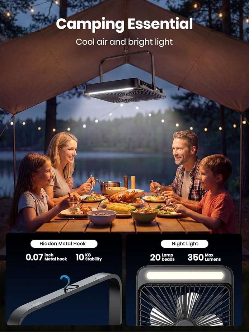 Warmco 20000mAh Battery Powered Fan, Ultra-Slim 8-Inch Portable Camping Fan with LED Lantern, Up to 48H Runtime Rechargeable Desk Fan for Bedroom, Outdoor, Tent, Travel, Cruise Ship Essentials - Image 3