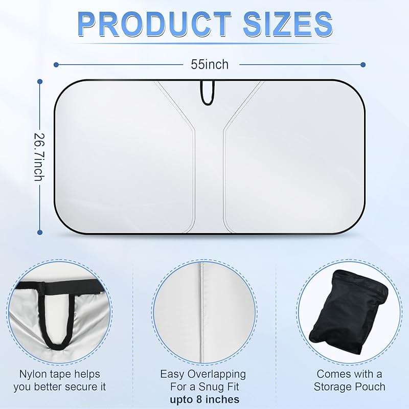 SINGARO 300T Universal Car Windshield Sun Shade, Foldable Reflective for Windshield & Window Shades with Overlapping Design, Car Interior Accessories (55" L x 26.7" W) - Image 2